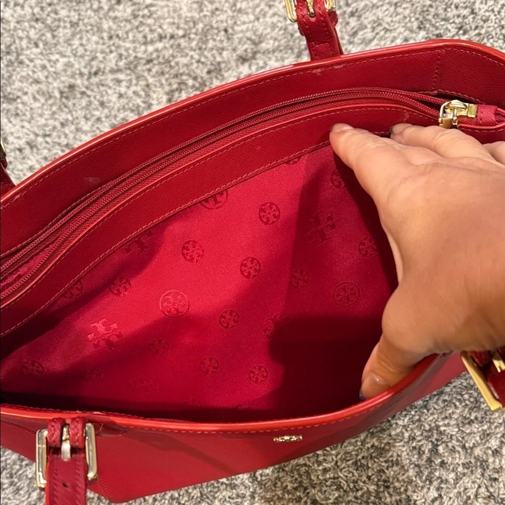 Tory Burch Red Leather Tote Bag laptop work tablet designer purse handbag